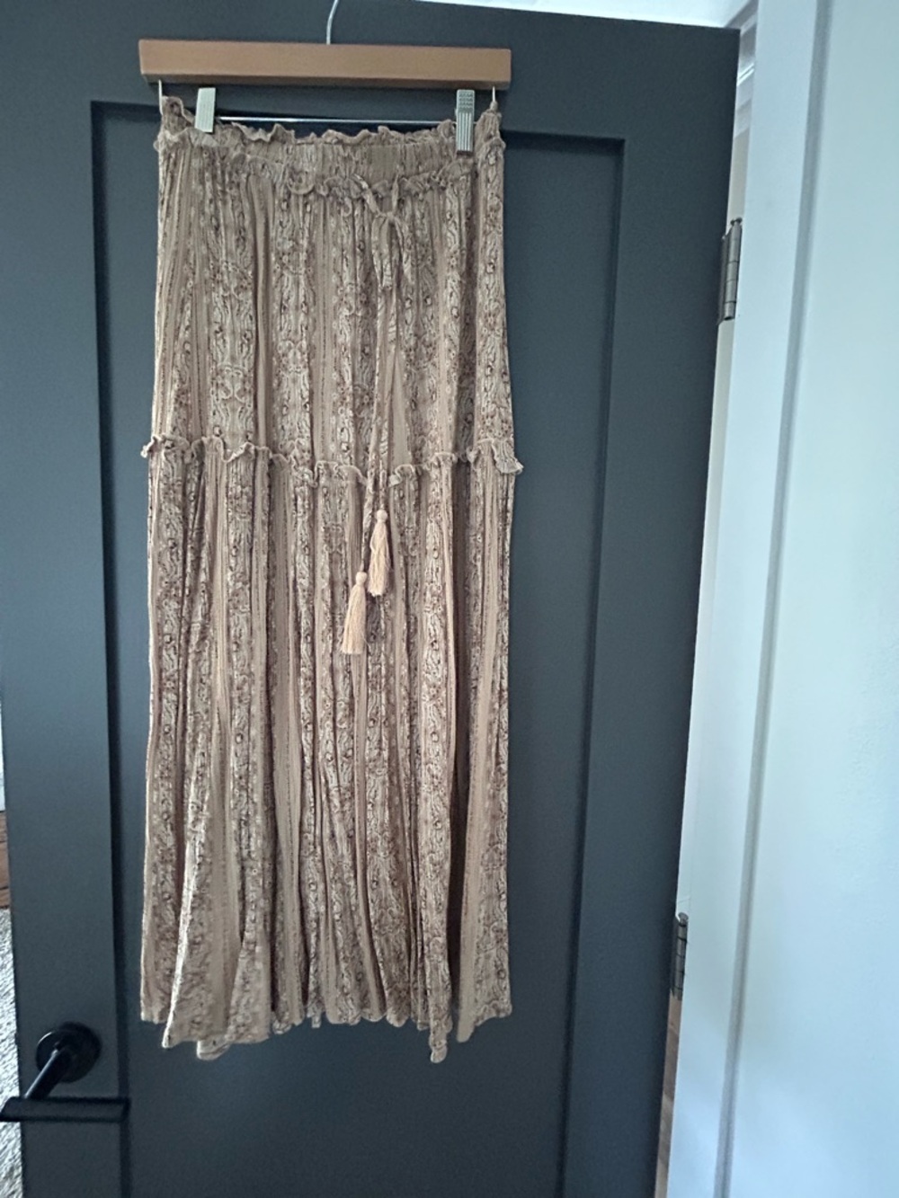 Promesa Taupe Bohemian Tiered Maxi Skirt with Tassel